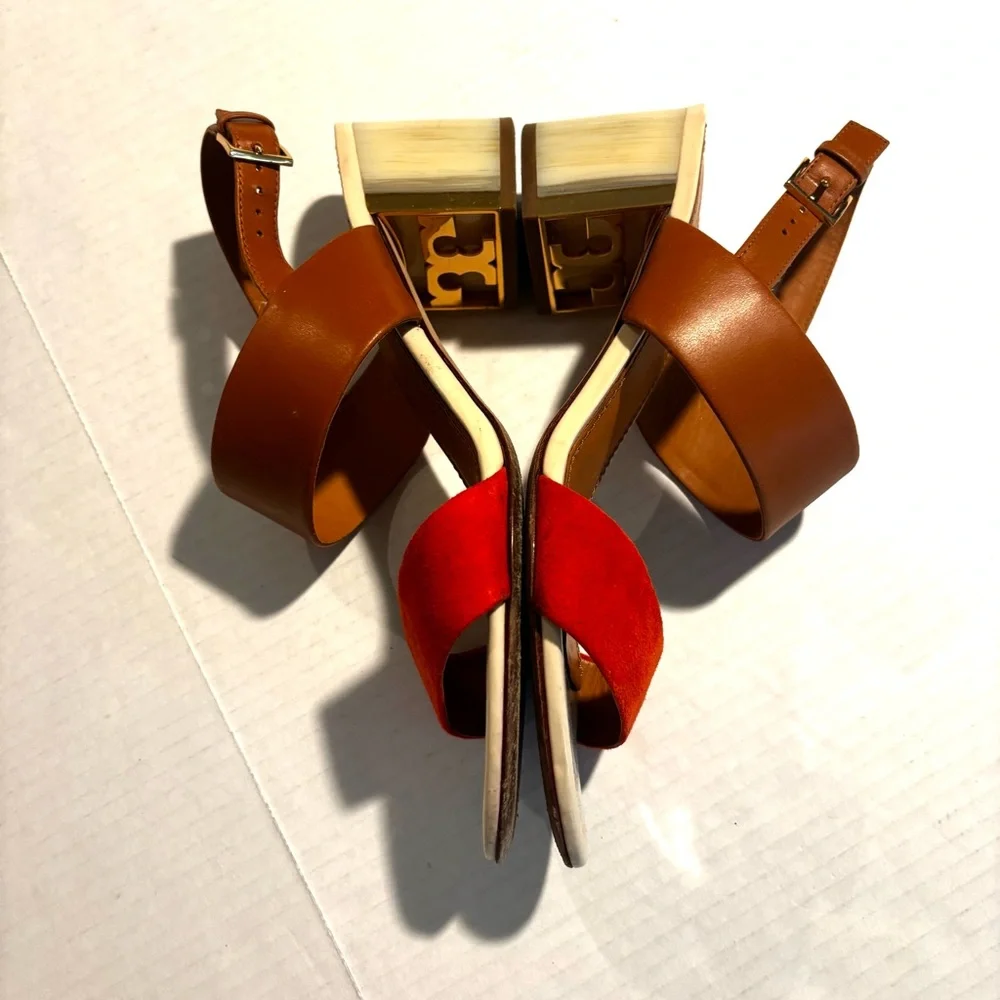 Tory Burch Two-Tone Tan and Orange Block Heel Sandals